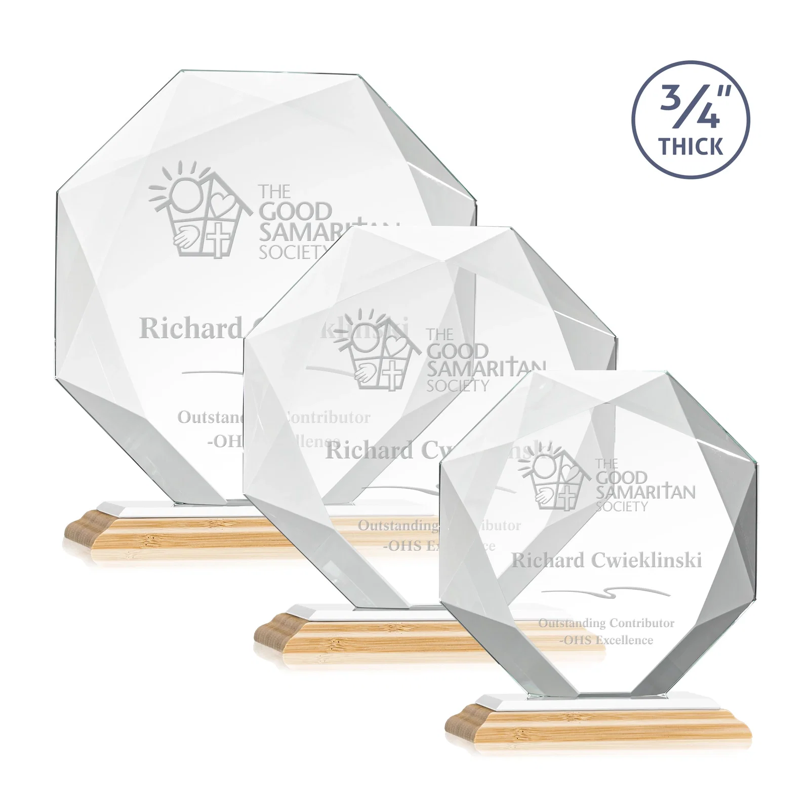 Custom engraved Starfire Crystal Octagon Award With Recessed Diamond-Pattern Bevels for volunteer appreciation
