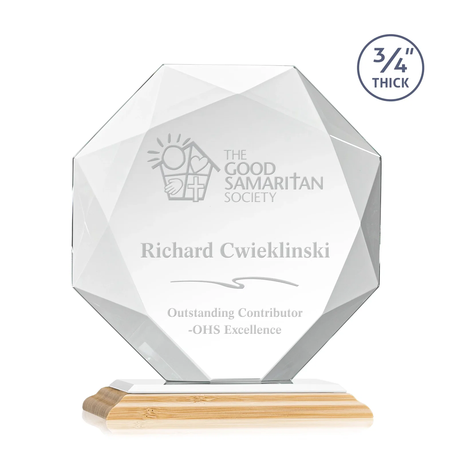 Custom engraved Starfire Crystal Octagon Award With Recessed Diamond-Pattern Bevels for company anniversary events
