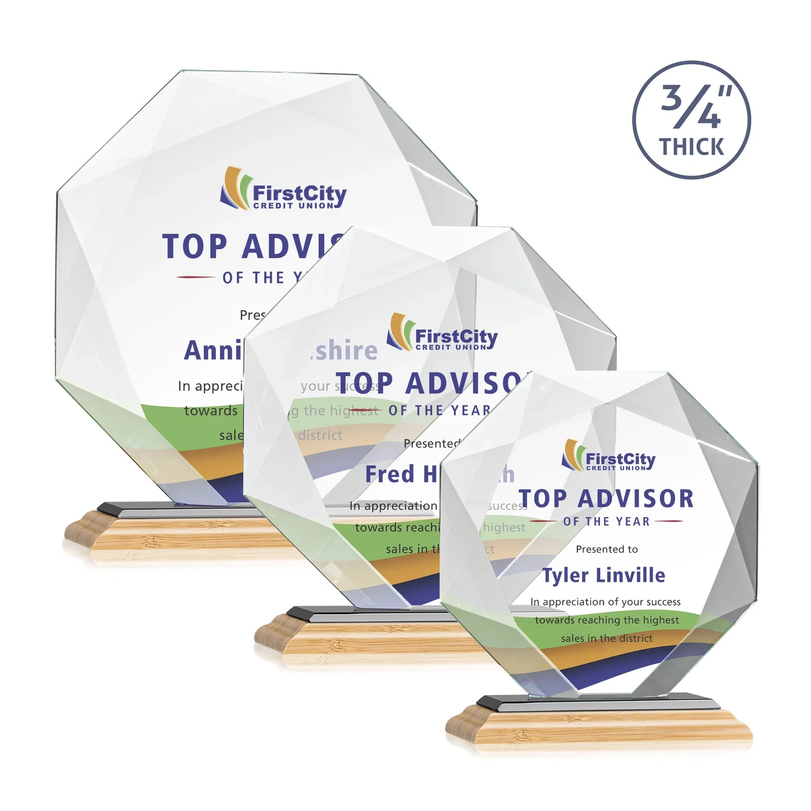Custom Starfire Crystal Octagon Award With Recessed Diamond-Pattern Bevels, with your logo for corporate award ceremonies