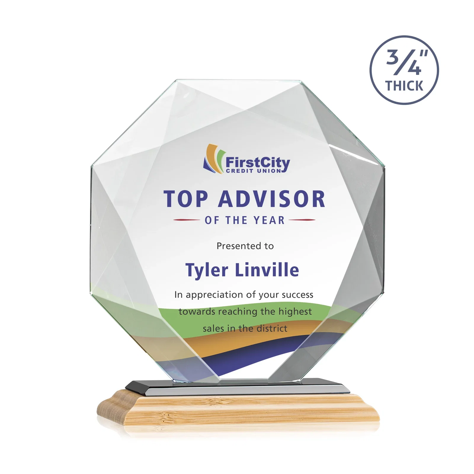 Custom Starfire Crystal Octagon Award With Recessed Diamond-Pattern Bevels, with your logo for service anniversary gifts