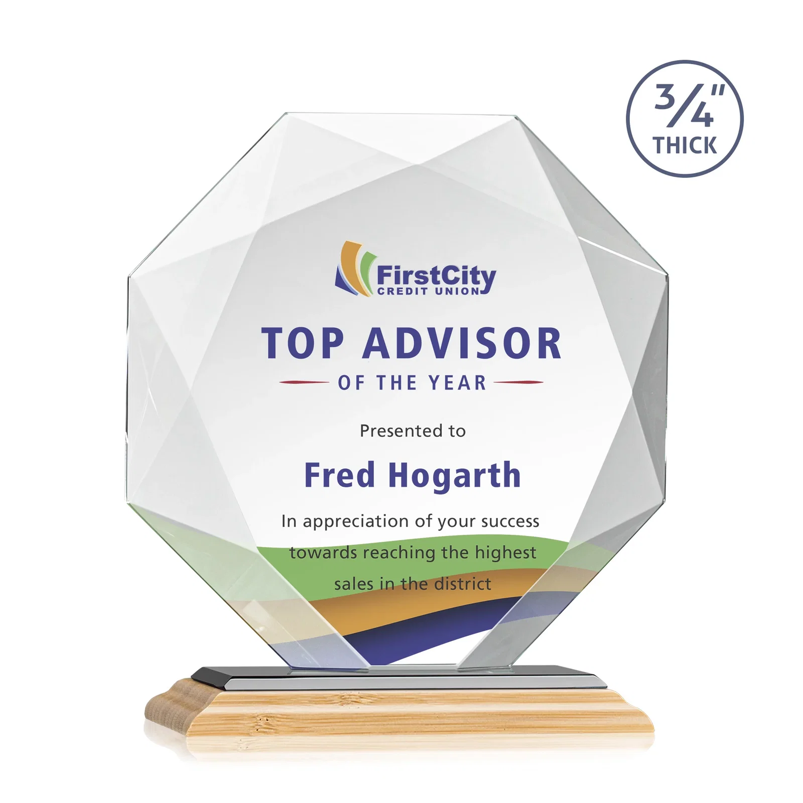 Custom Starfire Crystal Octagon Award With Recessed Diamond-Pattern Bevels, with your logo for sales achievement awards
