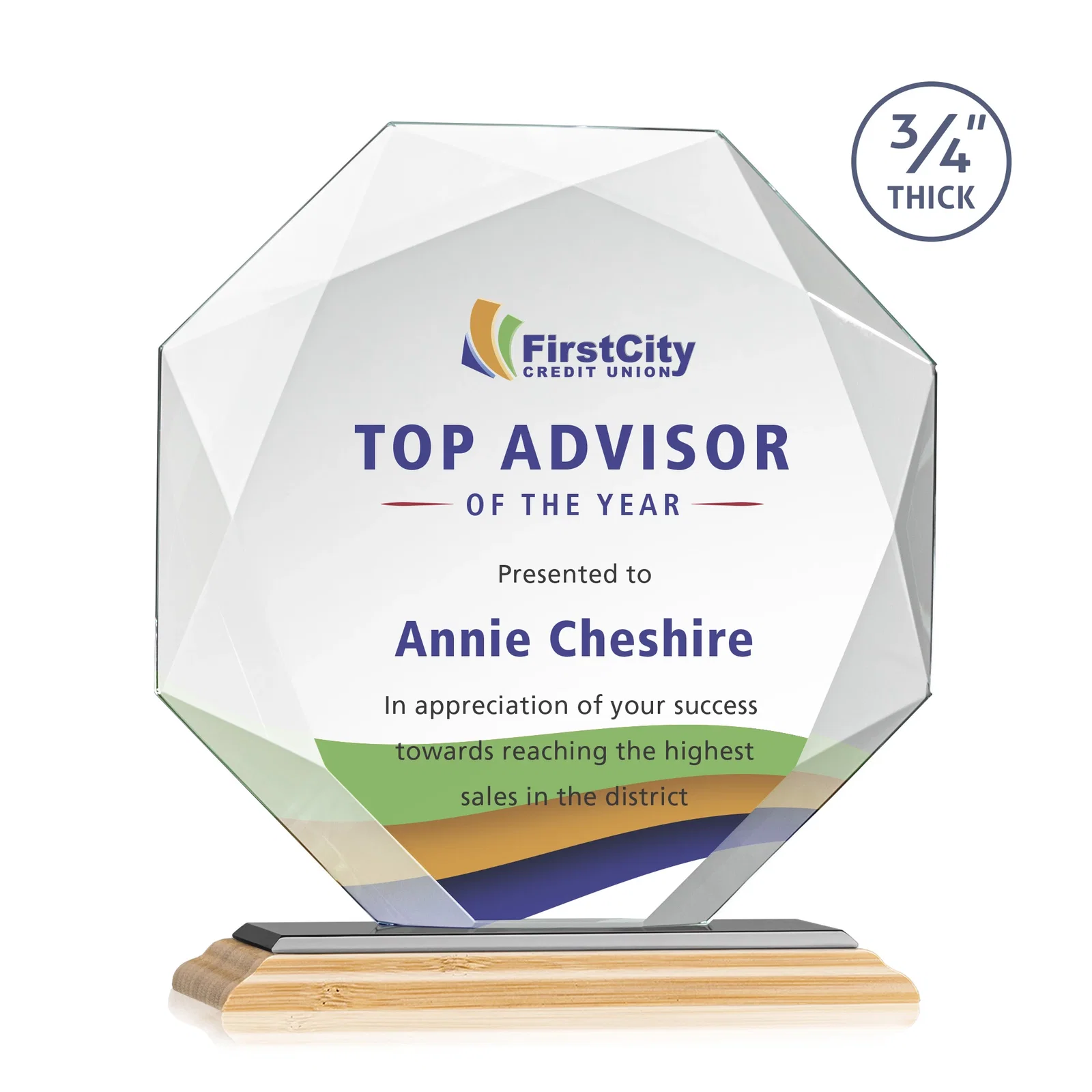 Custom Starfire Crystal Octagon Award With Recessed Diamond-Pattern Bevels, with your logo for retirement presentations