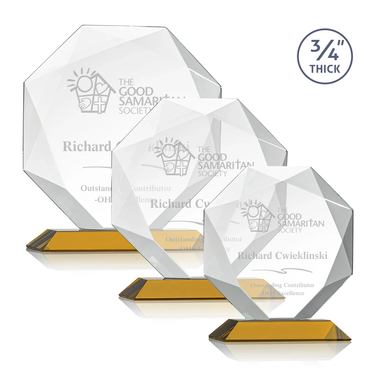 Custom Starfire Crystal Octagon Award With Recessed Diamond-Pattern Bevels for safety achievement programs