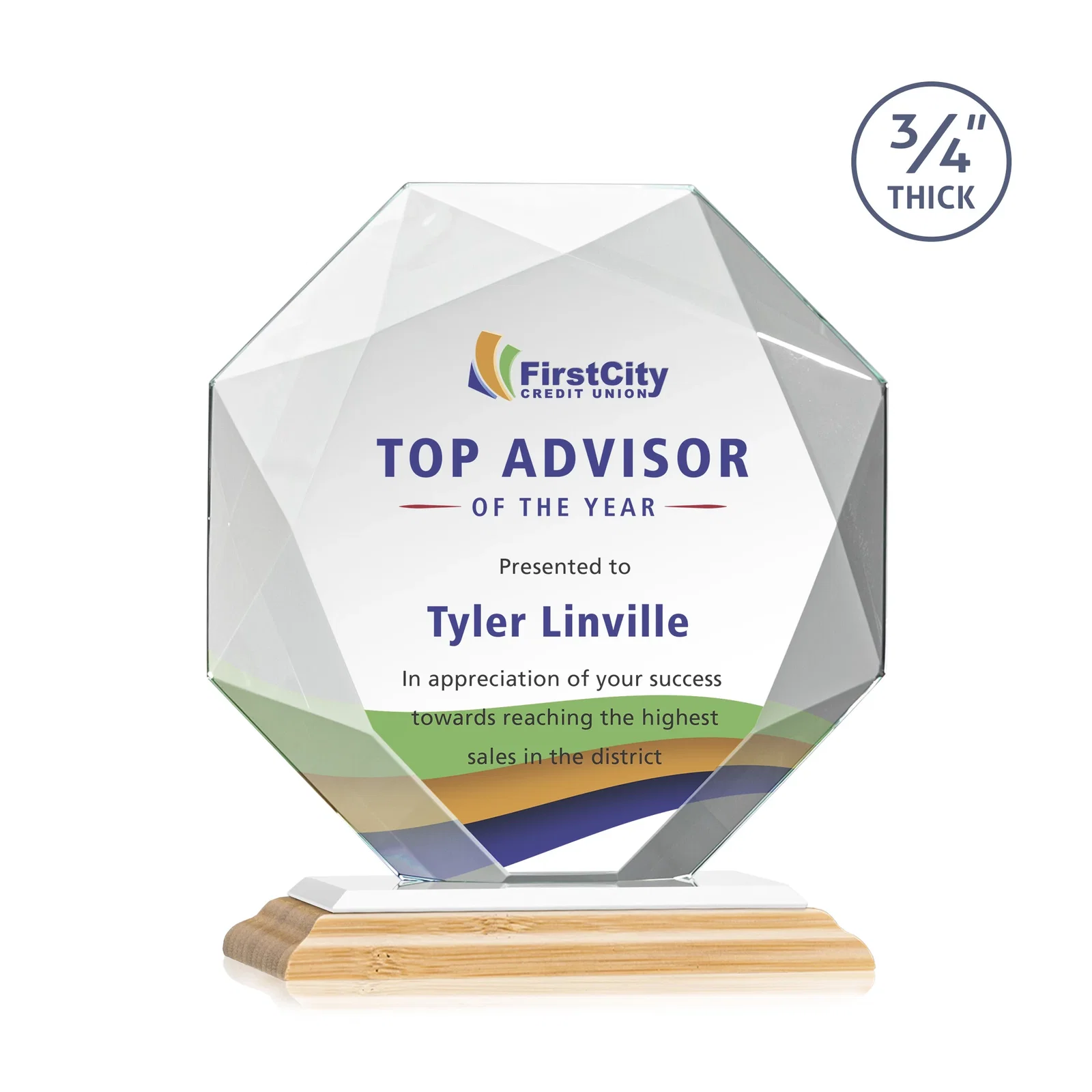 Custom Starfire Crystal Octagon Award With Recessed Diamond-Pattern Bevels, with your logo for donor appreciation