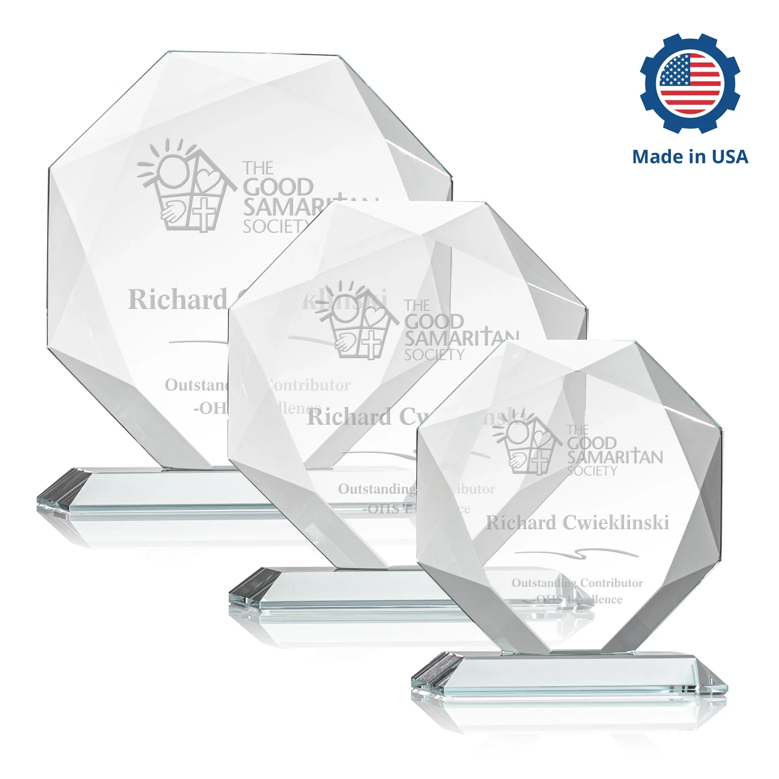 Custom Starfire Crystal Octagon Award With Recessed Diamond-Pattern Bevels, with your logo for volunteer appreciation