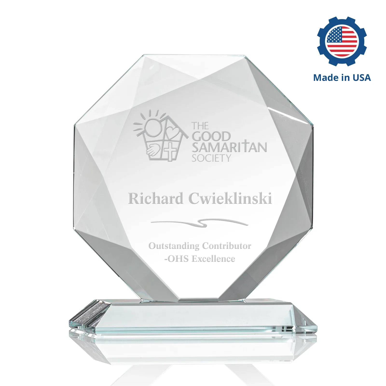Custom Starfire Crystal Octagon Award With Recessed Diamond-Pattern Bevels, with your logo for dealer and partner awards