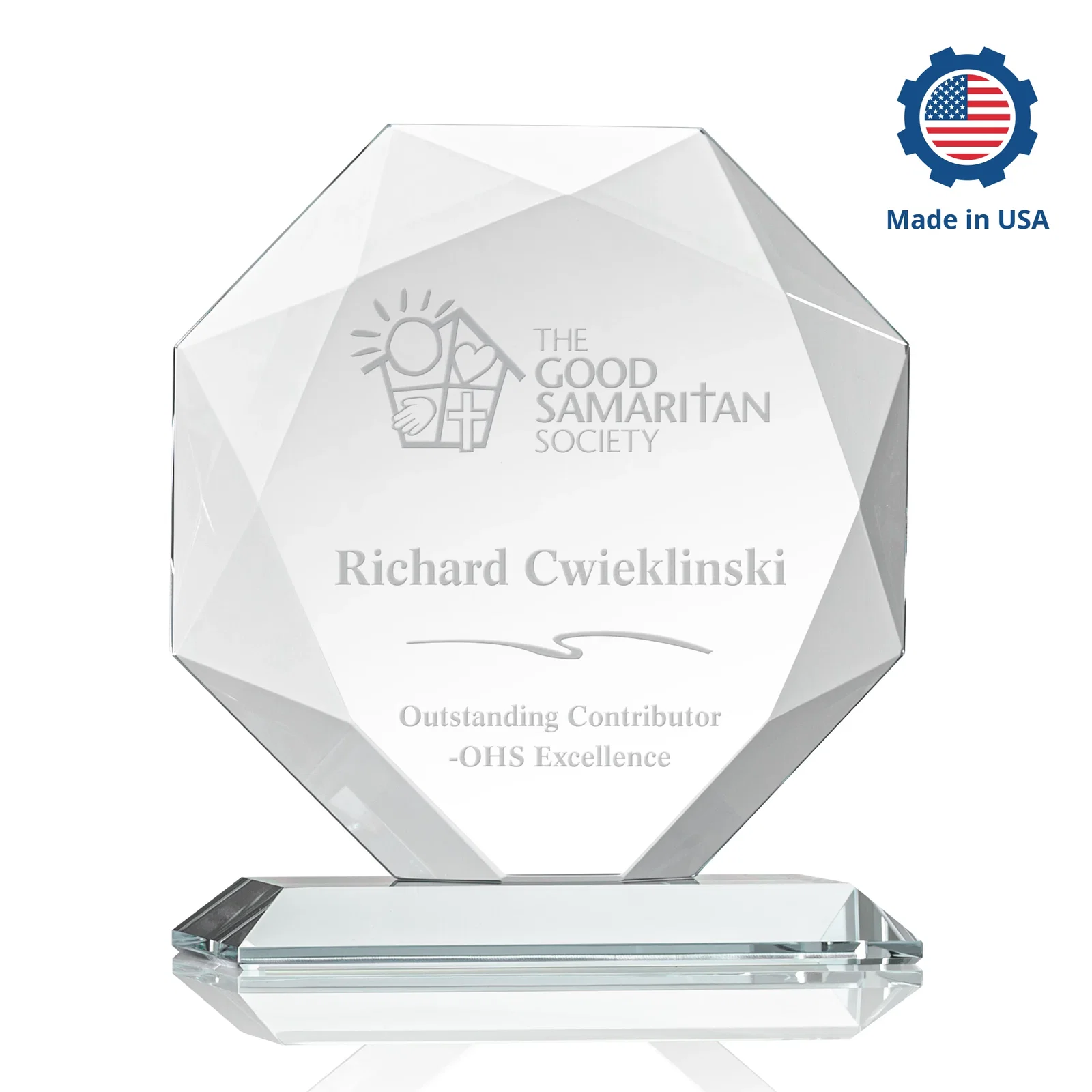 Custom Starfire Crystal Octagon Award With Recessed Diamond-Pattern Bevels, with your logo for company anniversary events