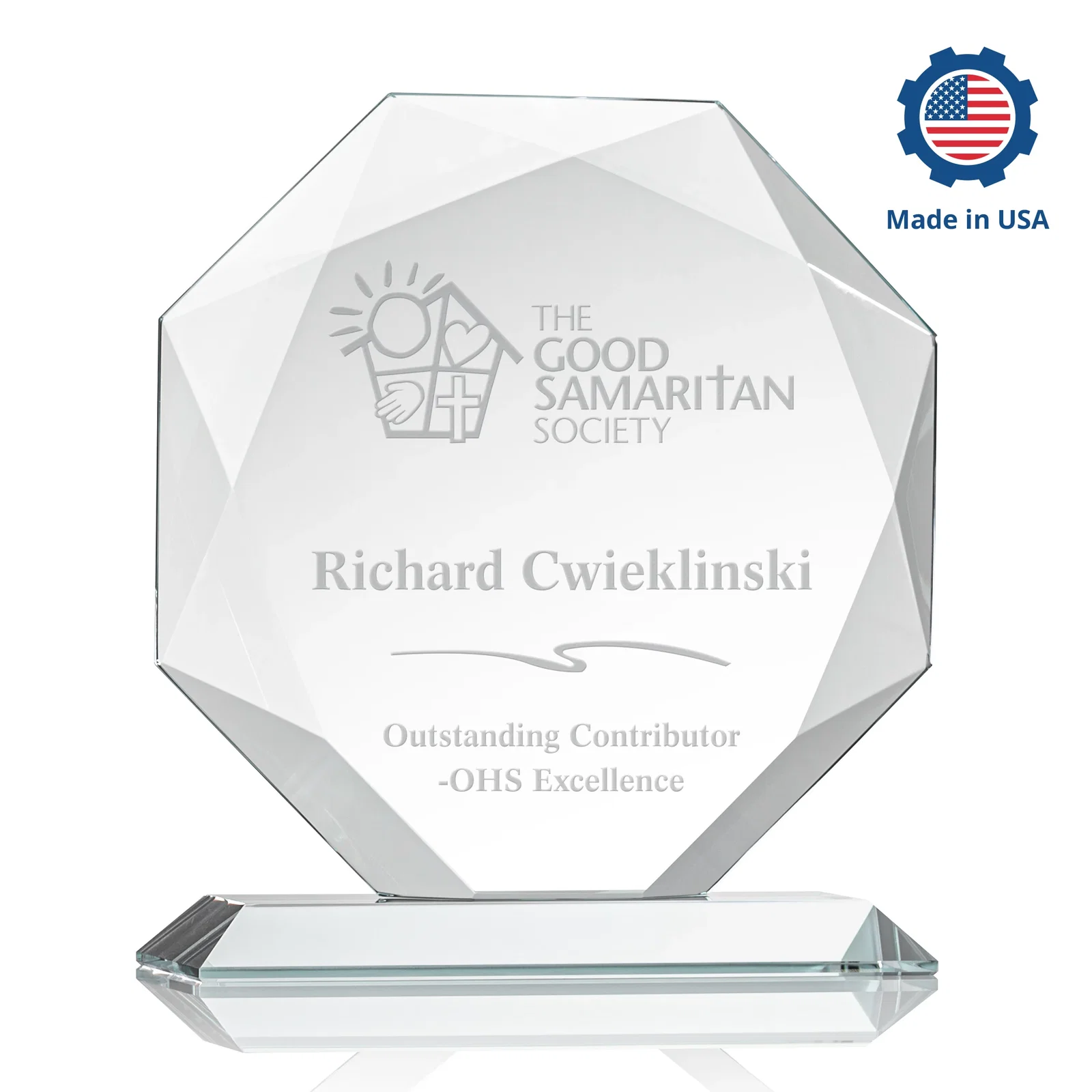 Personalized Starfire Crystal Octagon Award With Recessed Diamond-Pattern Bevels, with your logo for employee recognition