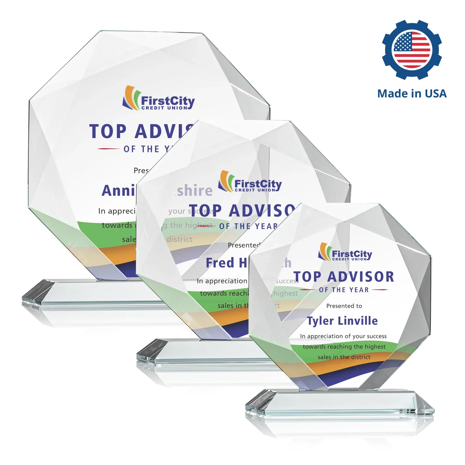 Personalized Starfire Crystal Octagon Award With Recessed Diamond-Pattern Bevels, with your logo for corporate award ceremonies