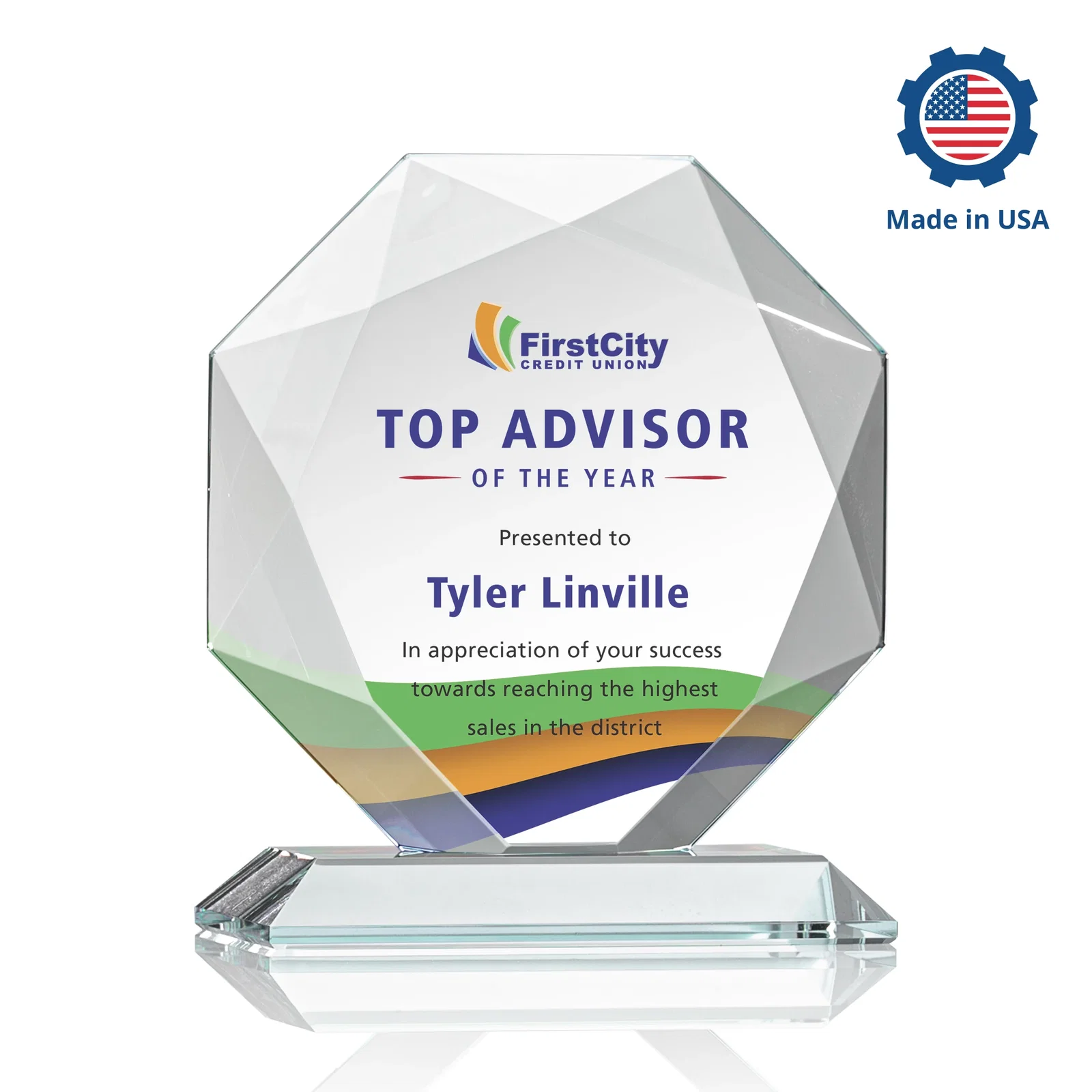 Personalized Starfire Crystal Octagon Award With Recessed Diamond-Pattern Bevels, with your logo for service anniversary gifts
