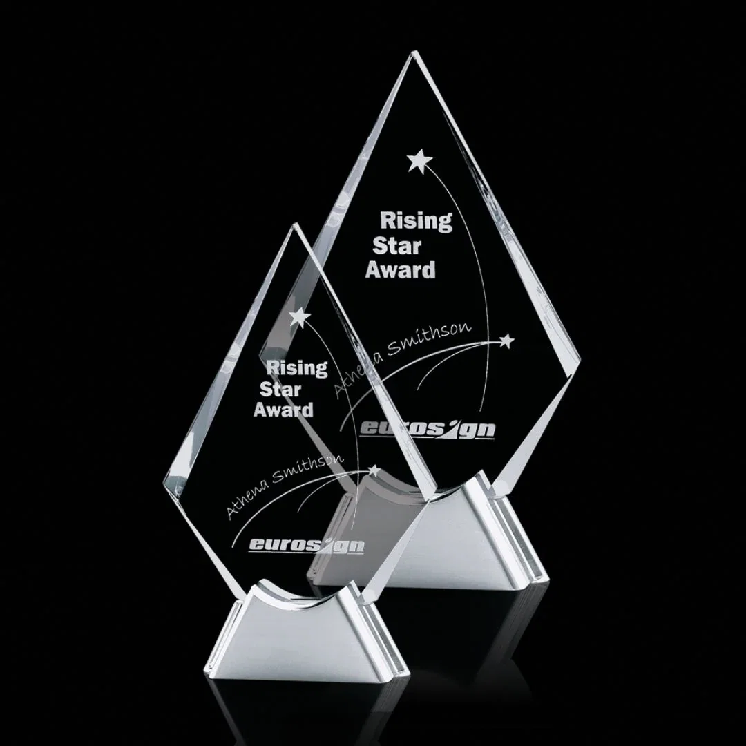 Custom Shaped Starfire Crystal Award on an Aluminum Base, awards for employee recognition