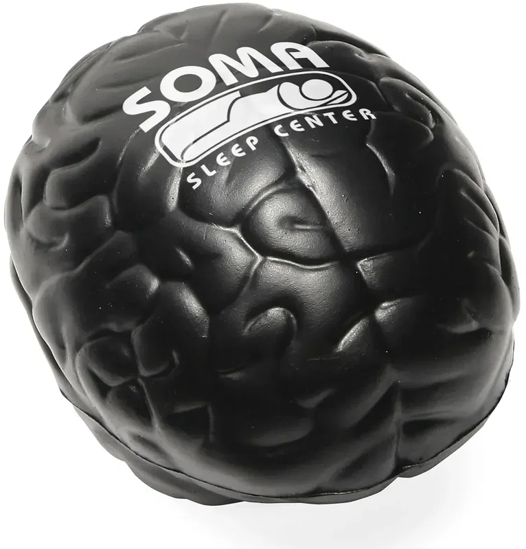 Branded brain-shaped stress ball, side detail of the custom promotional desk giveaway