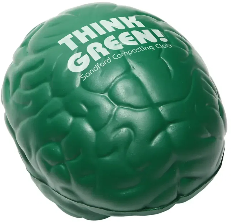Brain-shaped promotional stress ball held in hand, custom branded squeeze giveaway