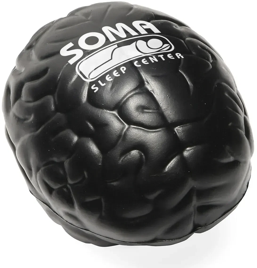 Branded brain-shaped stress ball, side detail of the custom promotional desk giveaway