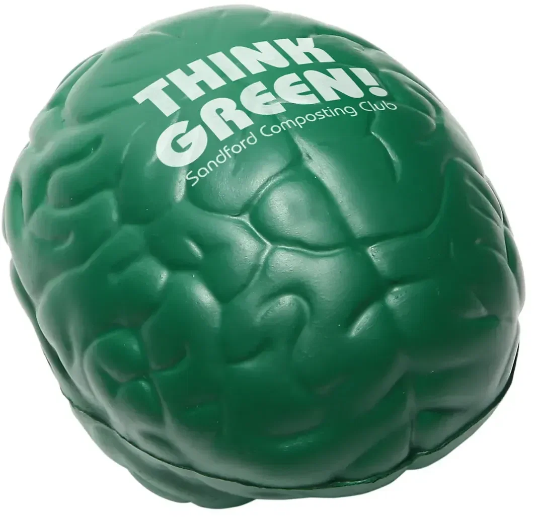 Brain-shaped promotional stress ball held in hand, custom branded squeeze giveaway