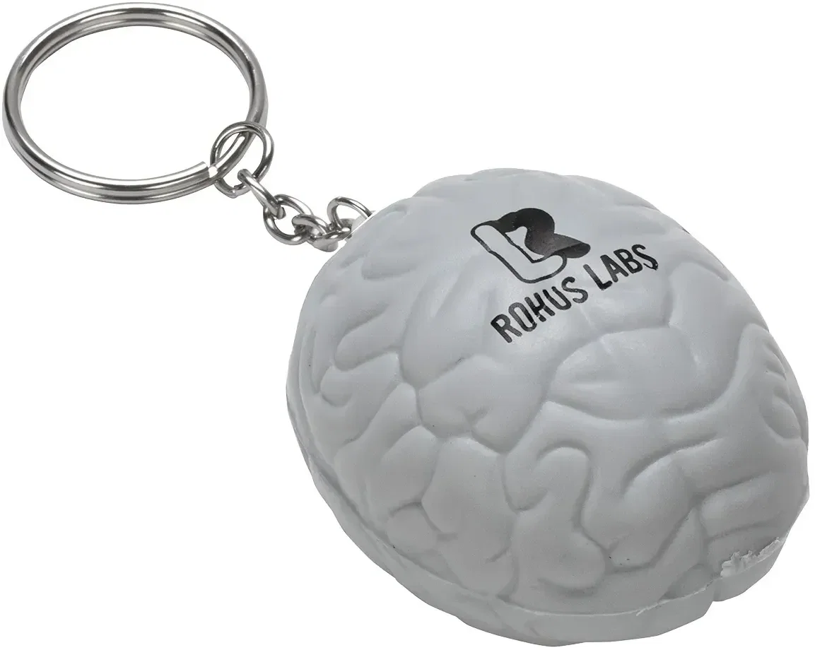 Brain Stress Reliever Keychain, a custom logo brain-shaped promotional stress ball clipped to keys