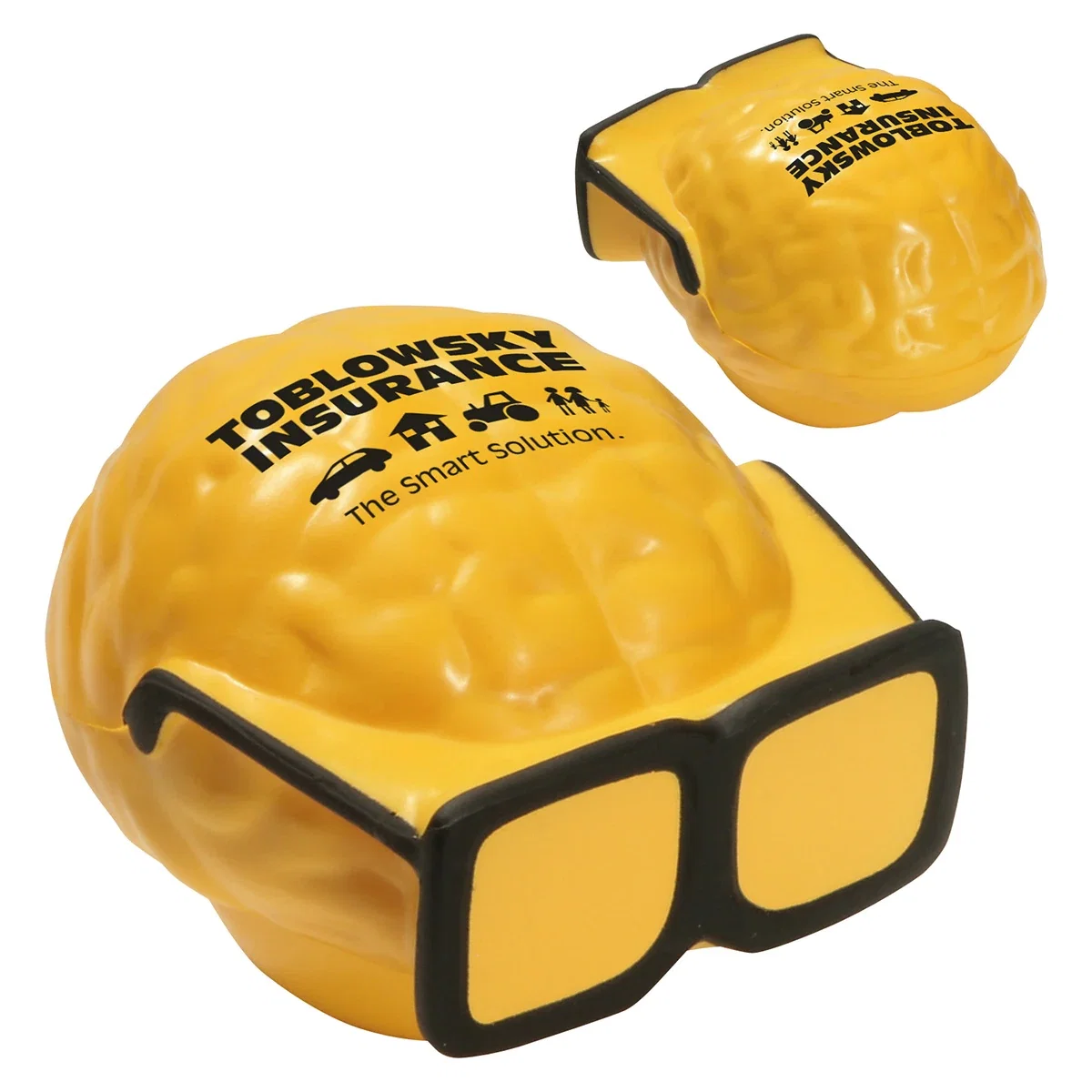 Brain-shaped wobbler stress reliever with a pad-printed logo spot on top