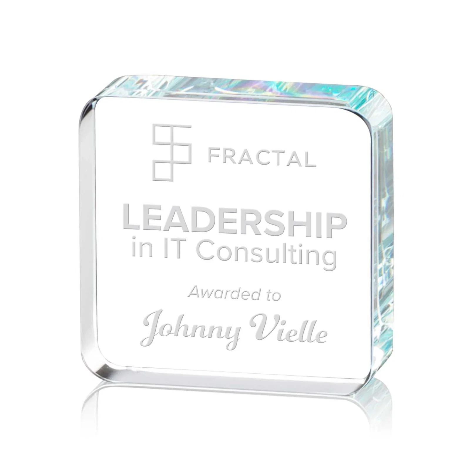 Custom Starfire Crystal Rounded-Square Award with a Full-Face Etch Panel, desk awards for employee recognition