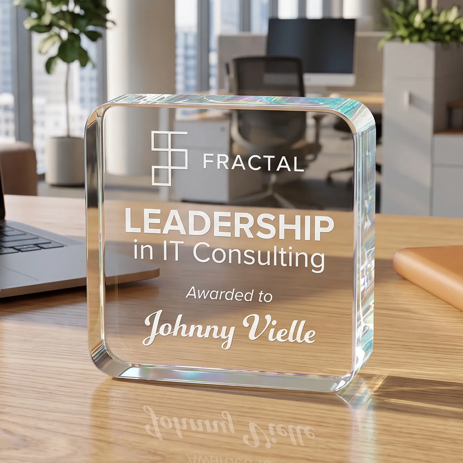 Custom Starfire Crystal Rounded-Square Award with a Full-Face Etch Panel, desk awards for corporate award ceremonies