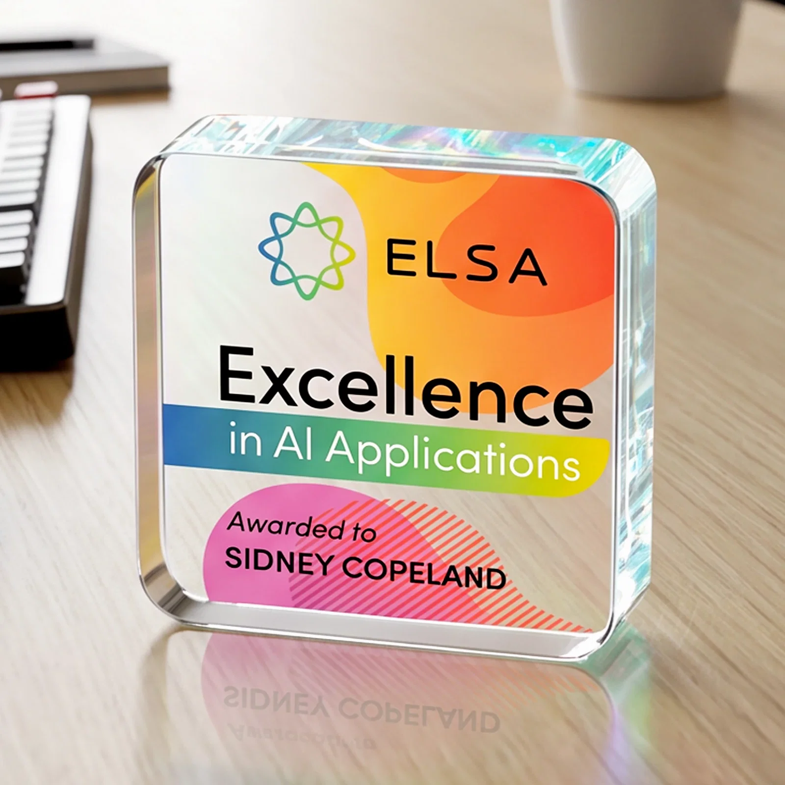Custom Starfire Crystal Rounded-Square Award with a Full-Face Etch Panel, desk awards for sales achievement awards