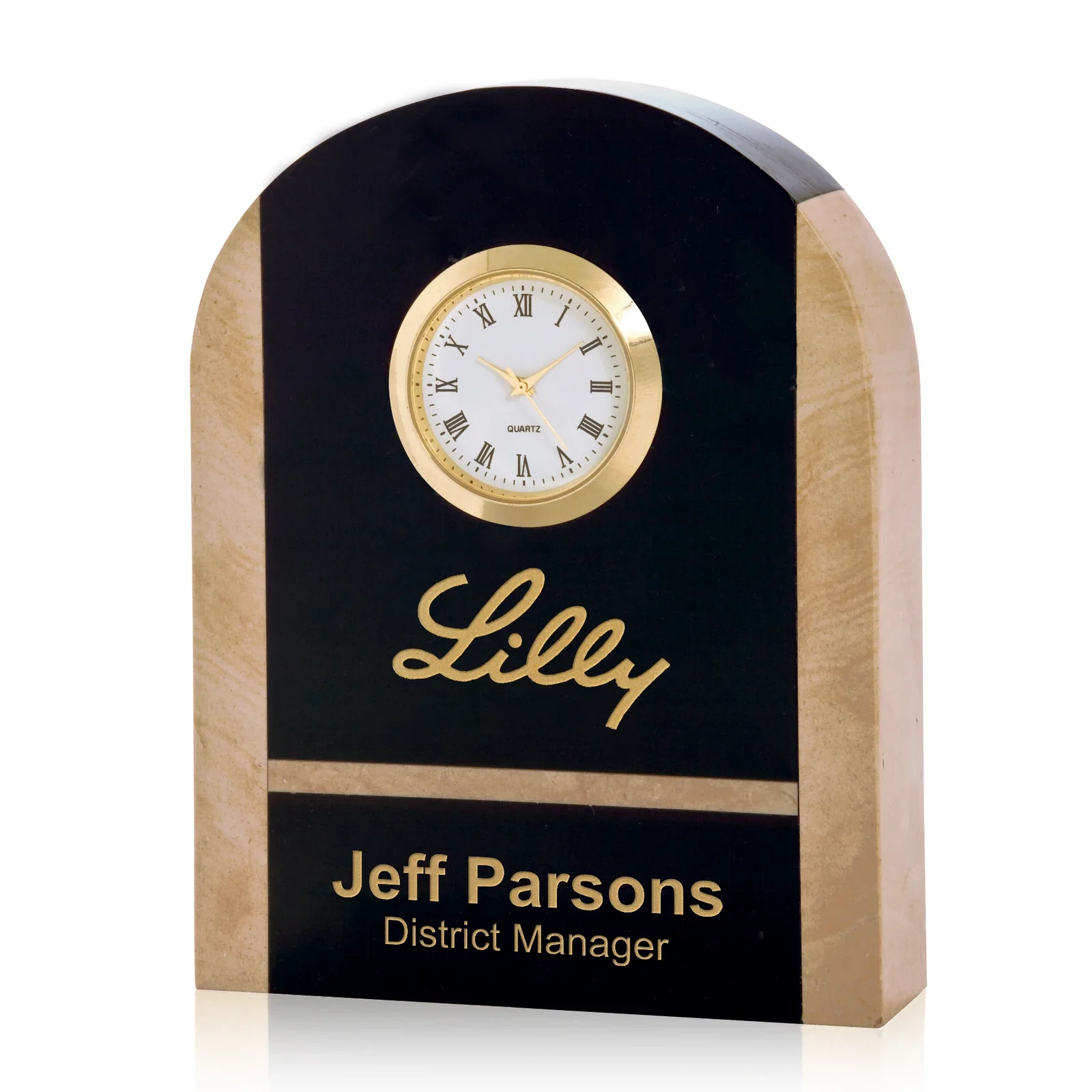 Custom Black Marble and Botticino Desk Clock - Brampton for employee recognition