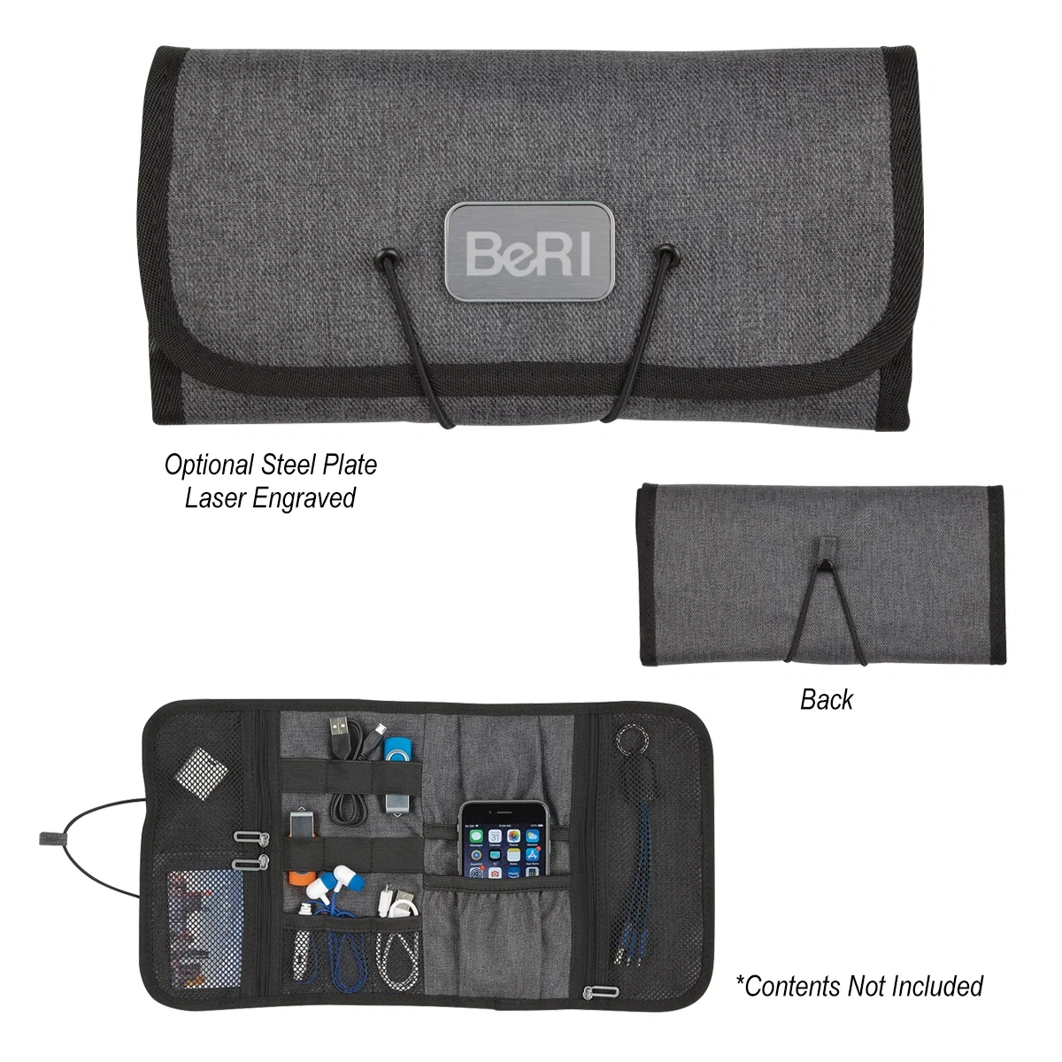 Gray zippered organizer for travel tech accessories and charging cables