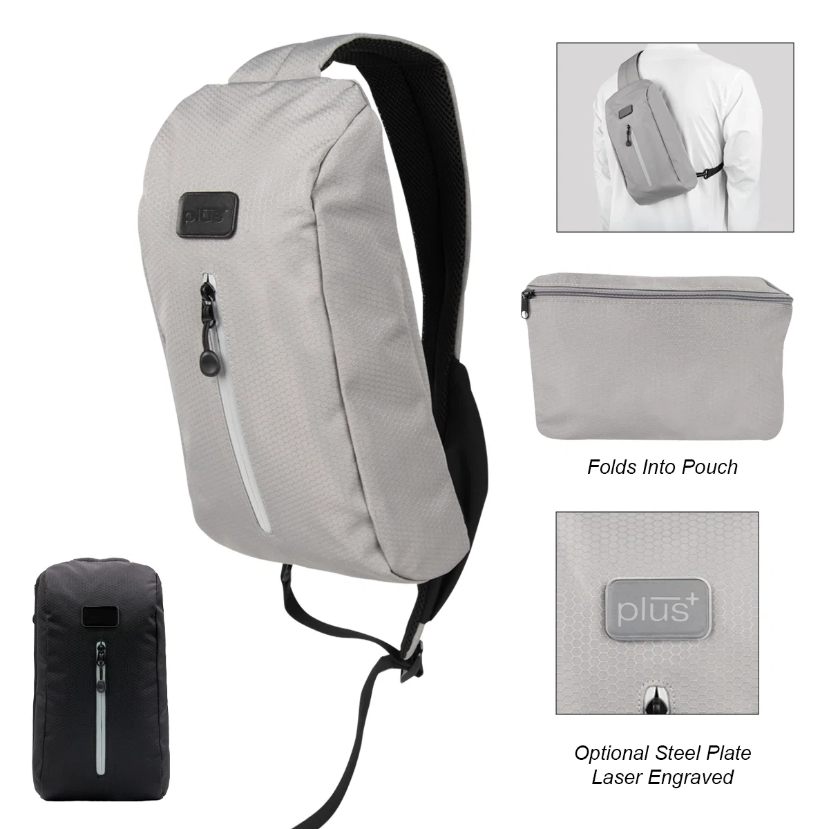 Eco sling backpack worn across the chest with strap adjusted