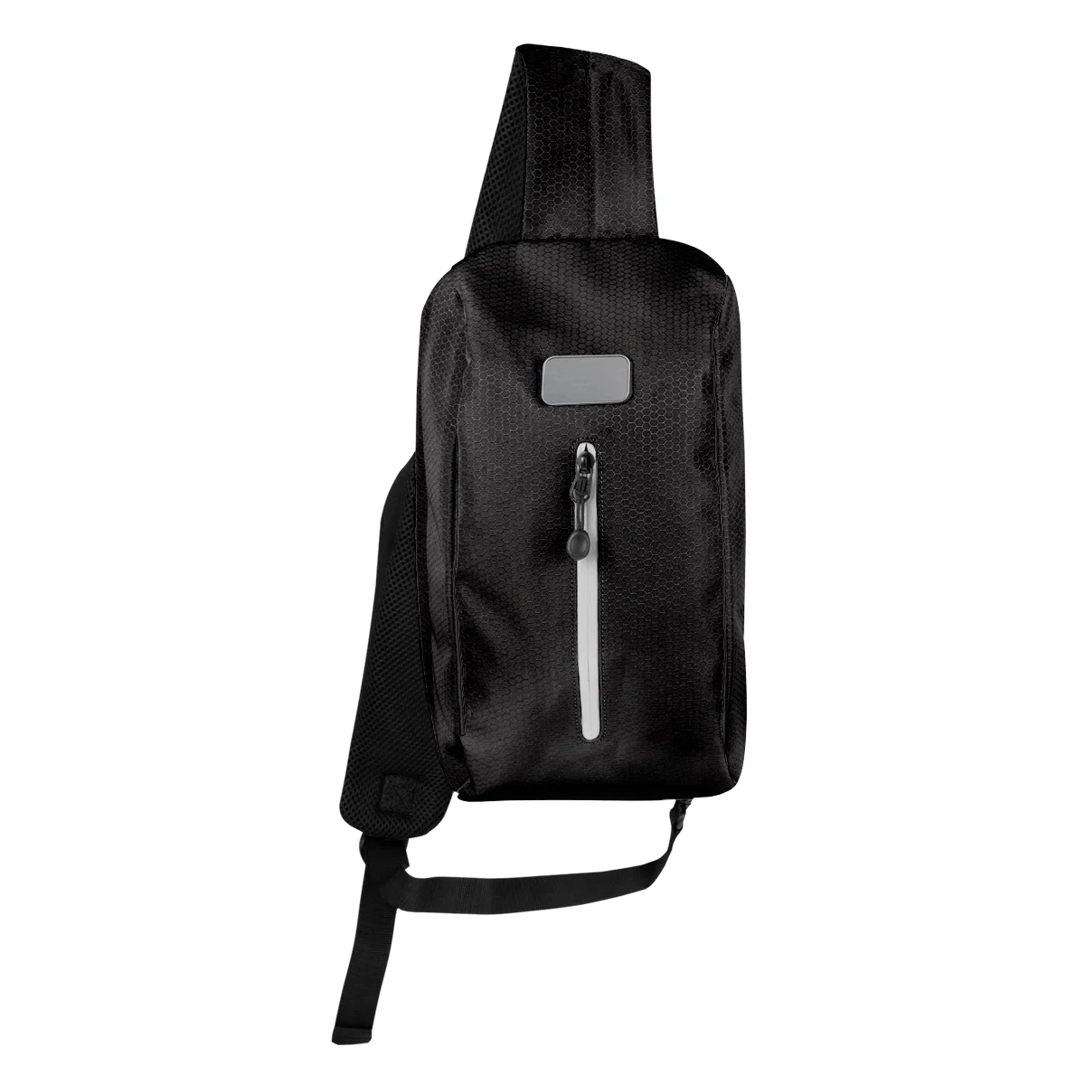 Black sling bag shown from the front standing upright