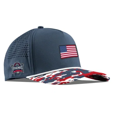 Curved brim camo cap trimmed with a rope across the front