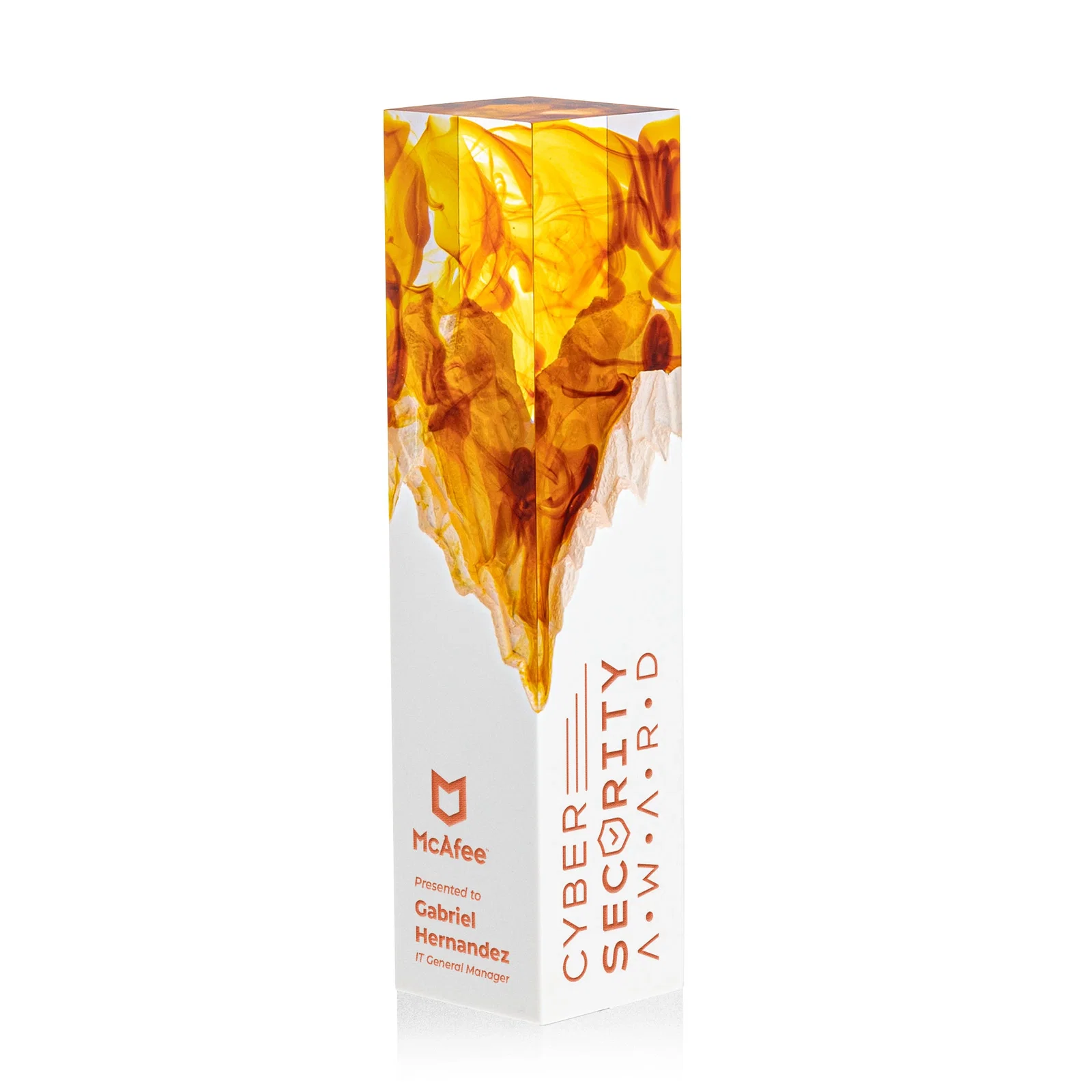 Personalized Hand-Poured Lucite Trophy Cup Award With Smoke-Pattern Top for employee recognition
