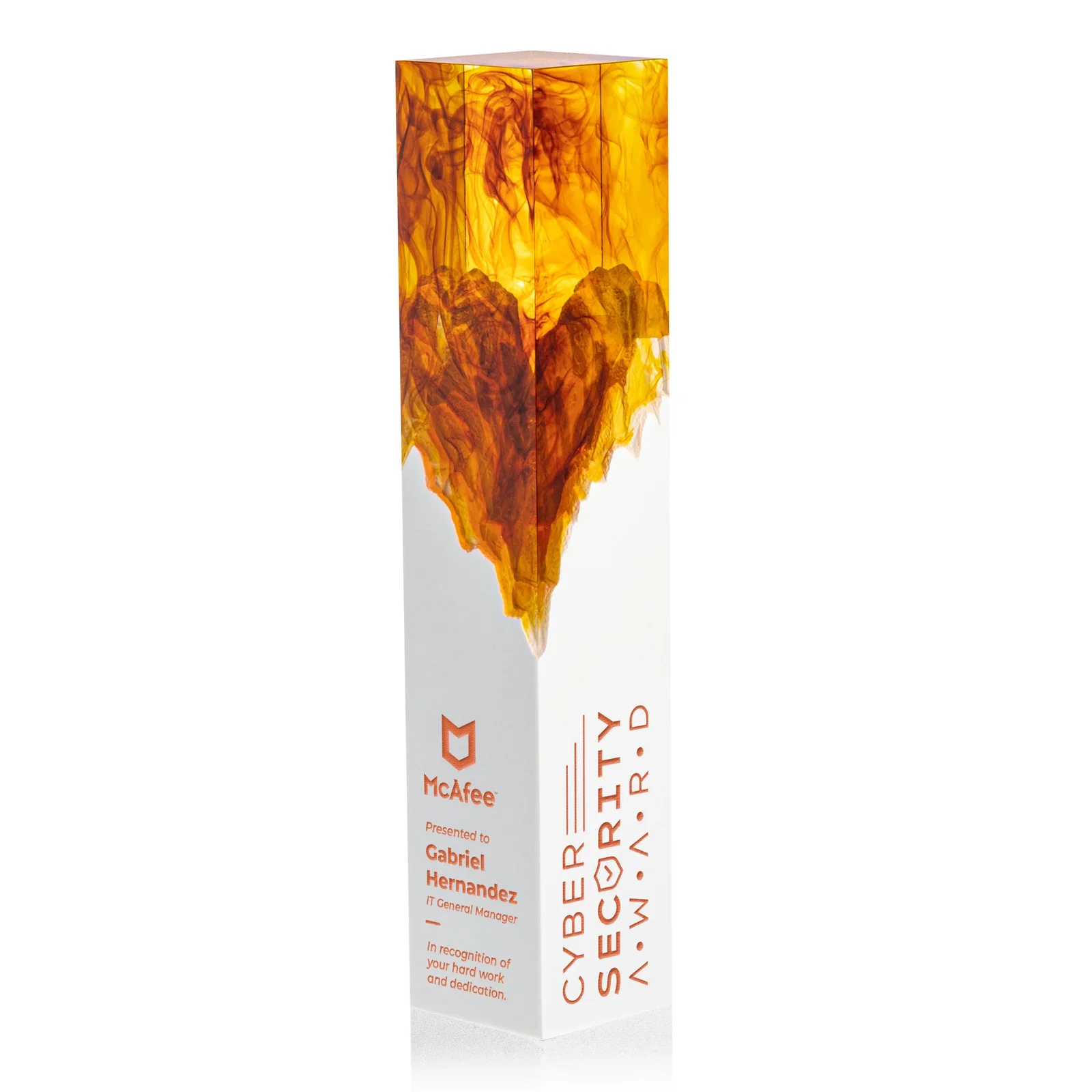 Personalized Hand-Poured Lucite Trophy Cup Award With Smoke-Pattern Top for corporate award ceremonies