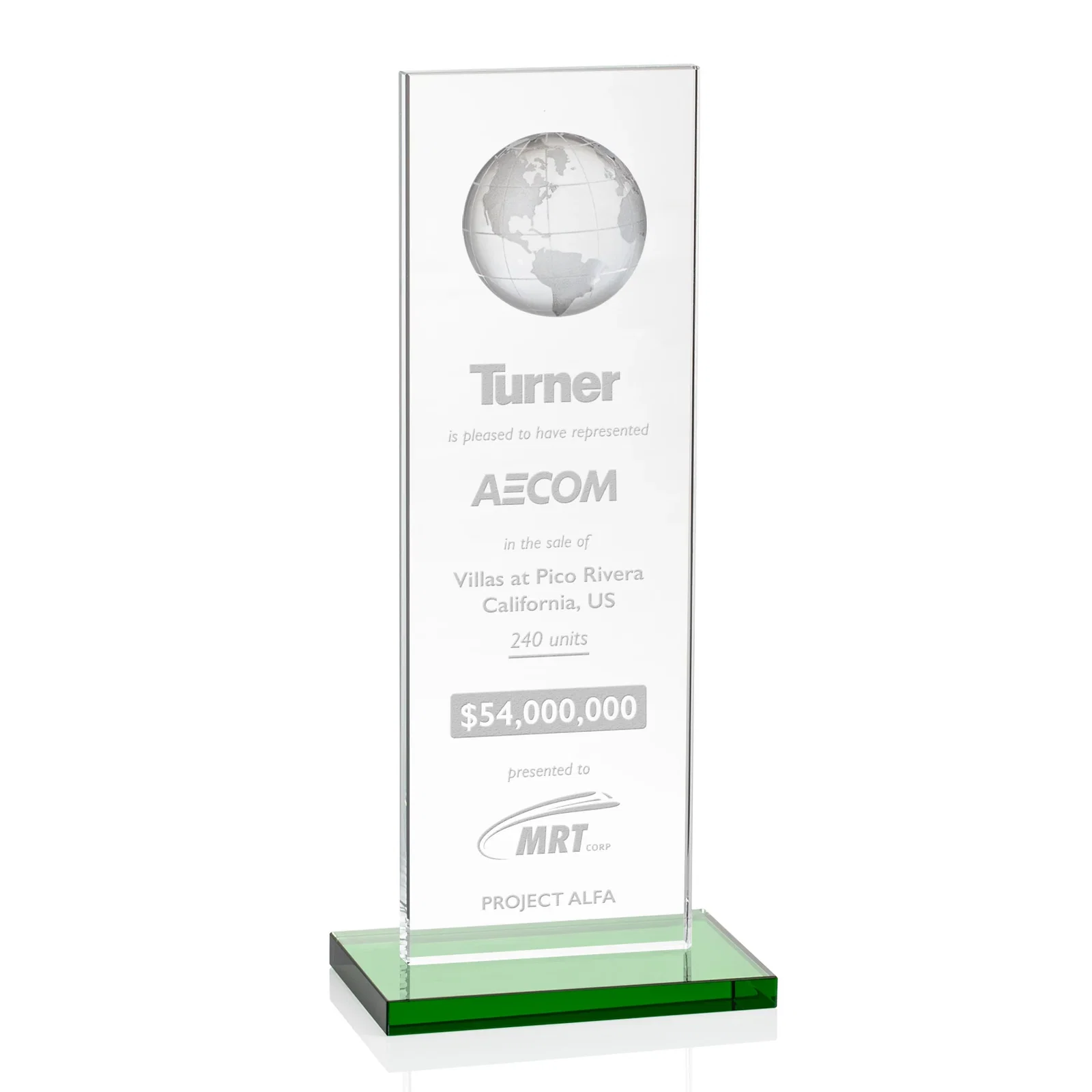 Custom Optical Crystal Dome Award on Tall Crystal Pane for company anniversary events