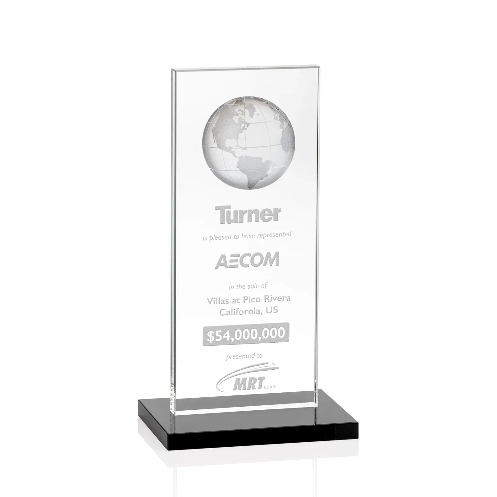 Personalized Optical Crystal Dome Award on Tall Crystal Pane for service anniversary gifts
