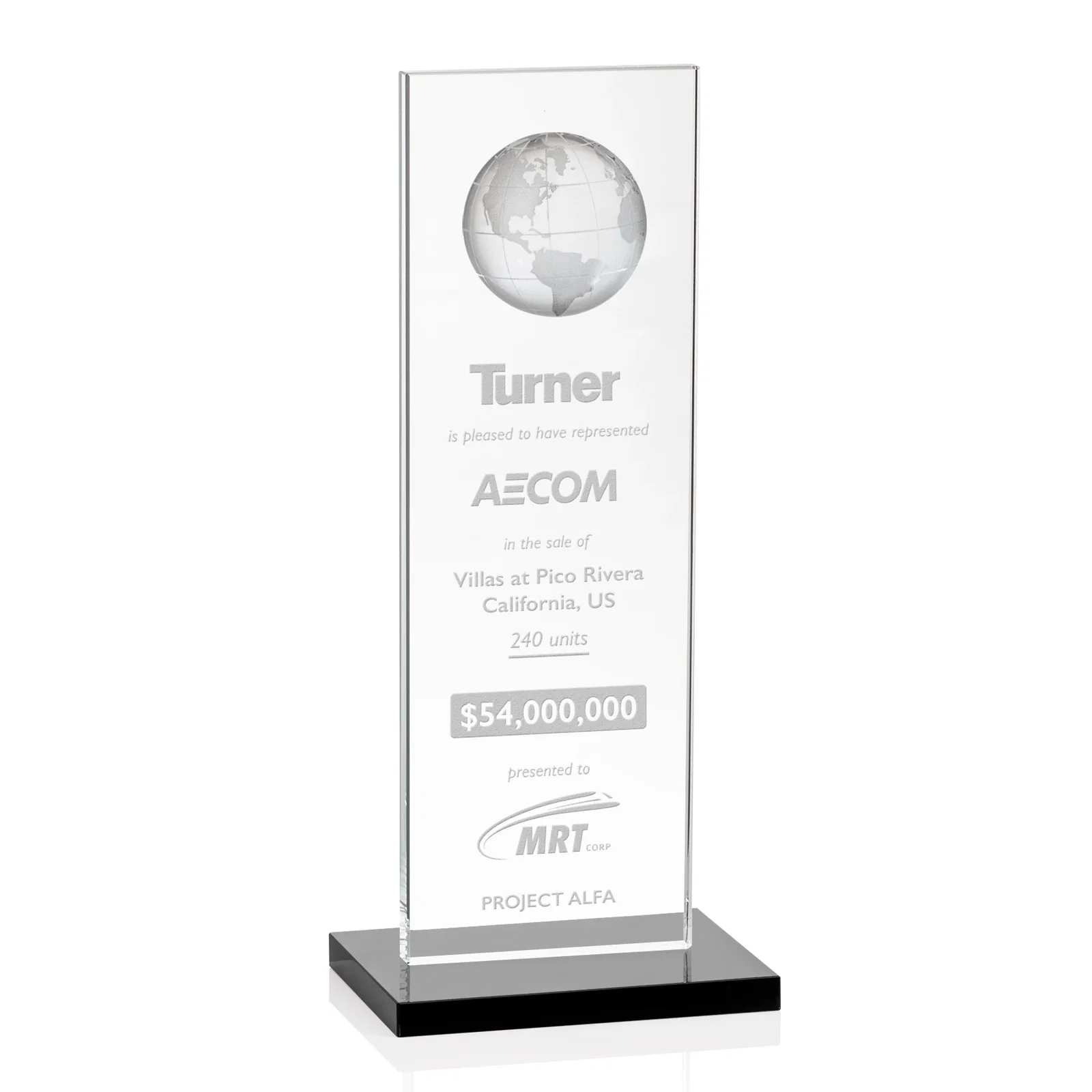 Personalized Optical Crystal Dome Award on Tall Crystal Pane for sales achievement awards