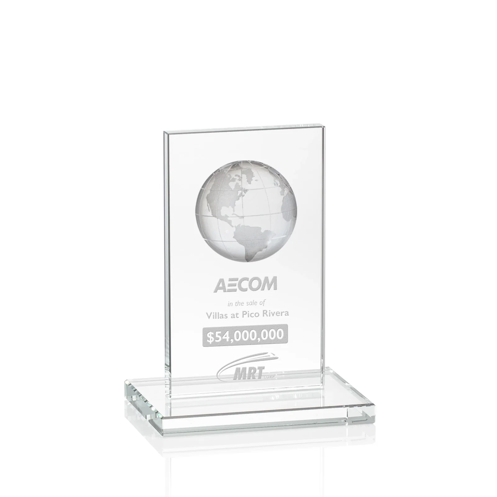 Custom Optical Crystal Dome Award on Tall Crystal Pane for corporate award ceremonies