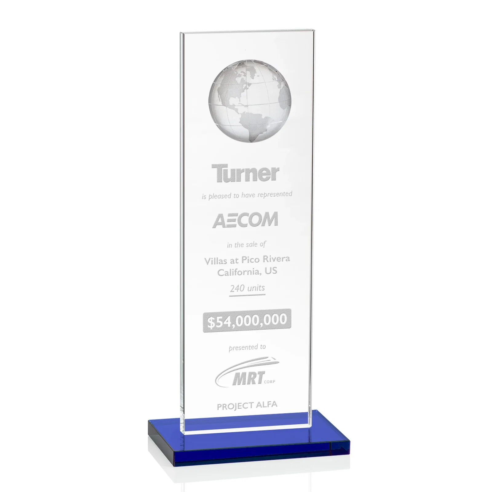 Personalized Optical Crystal Dome Award on Tall Crystal Pane for graduation ceremonies