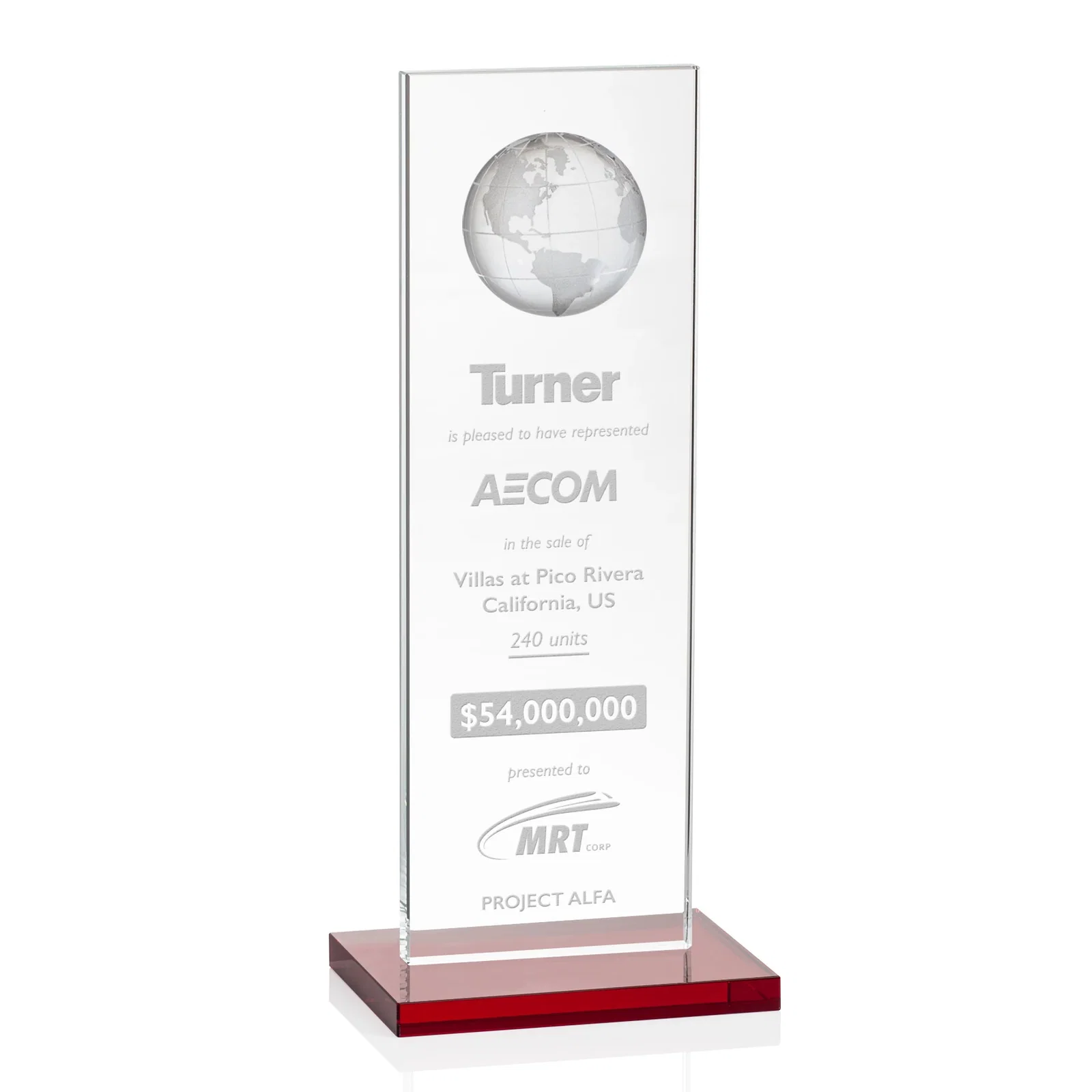 Personalized Optical Crystal Dome Award on Tall Crystal Pane for company anniversary events