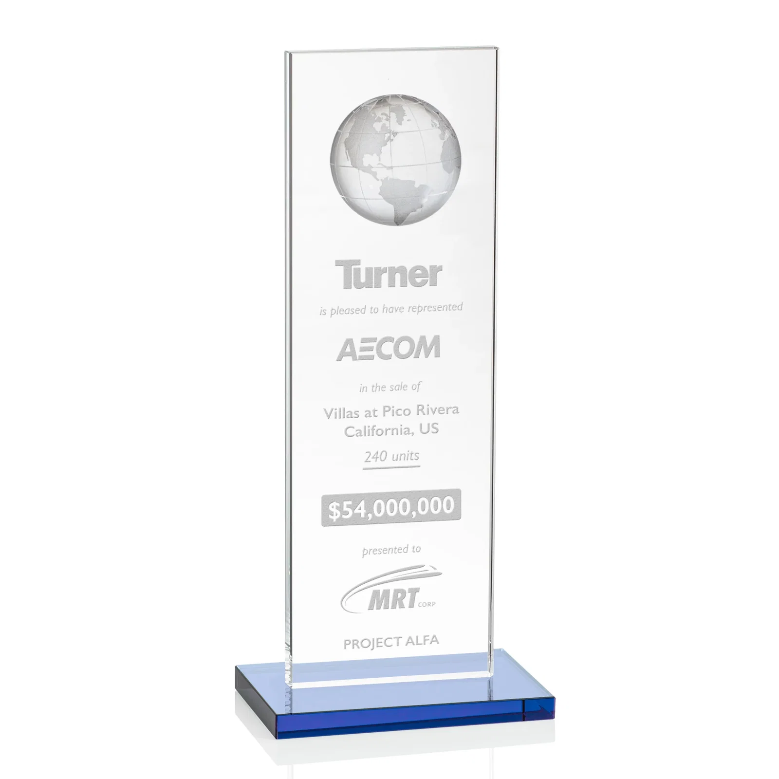 Promotional Optical Crystal Dome Award on Tall Crystal Pane for sales achievement awards