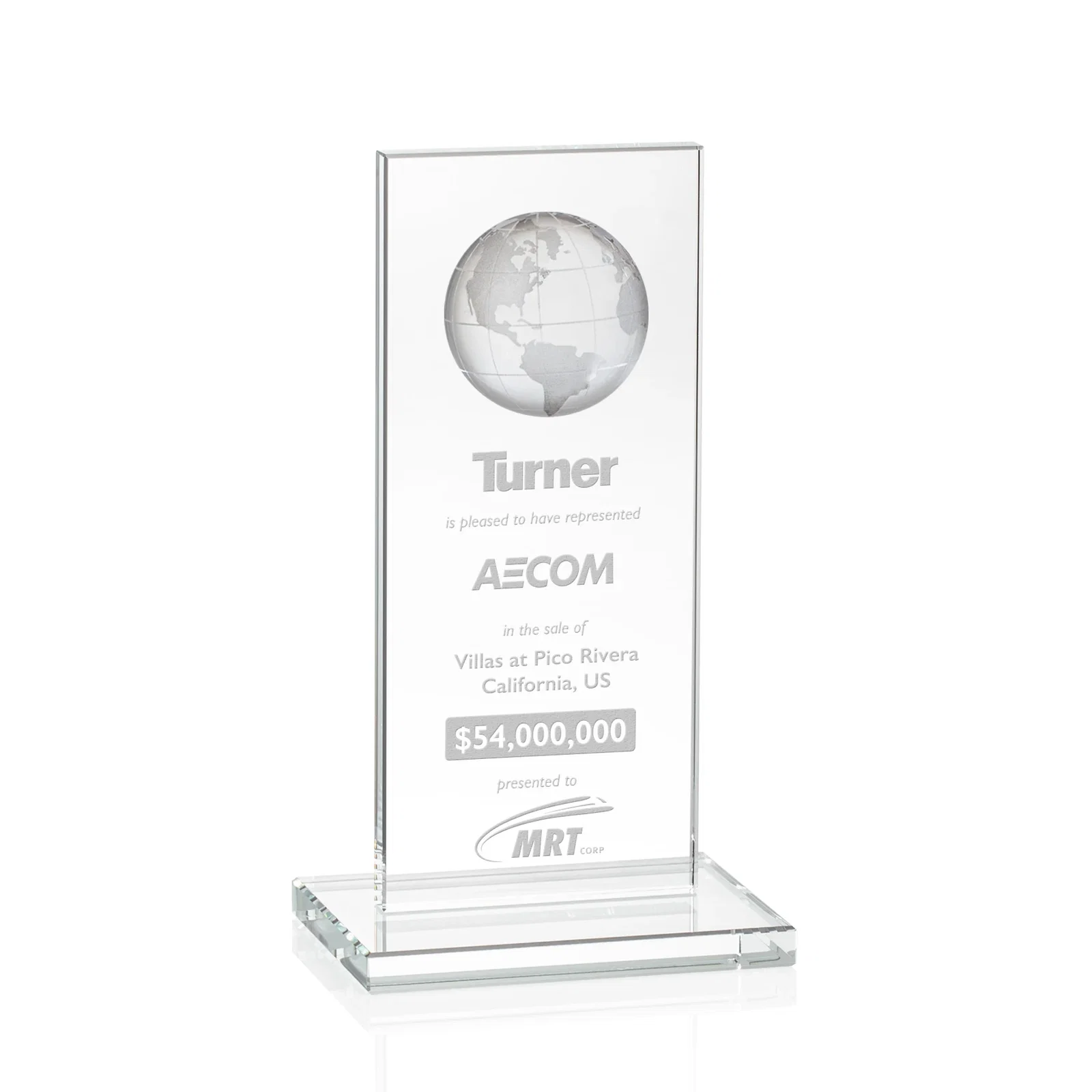 Custom Optical Crystal Dome Award on Tall Crystal Pane for service anniversary gifts