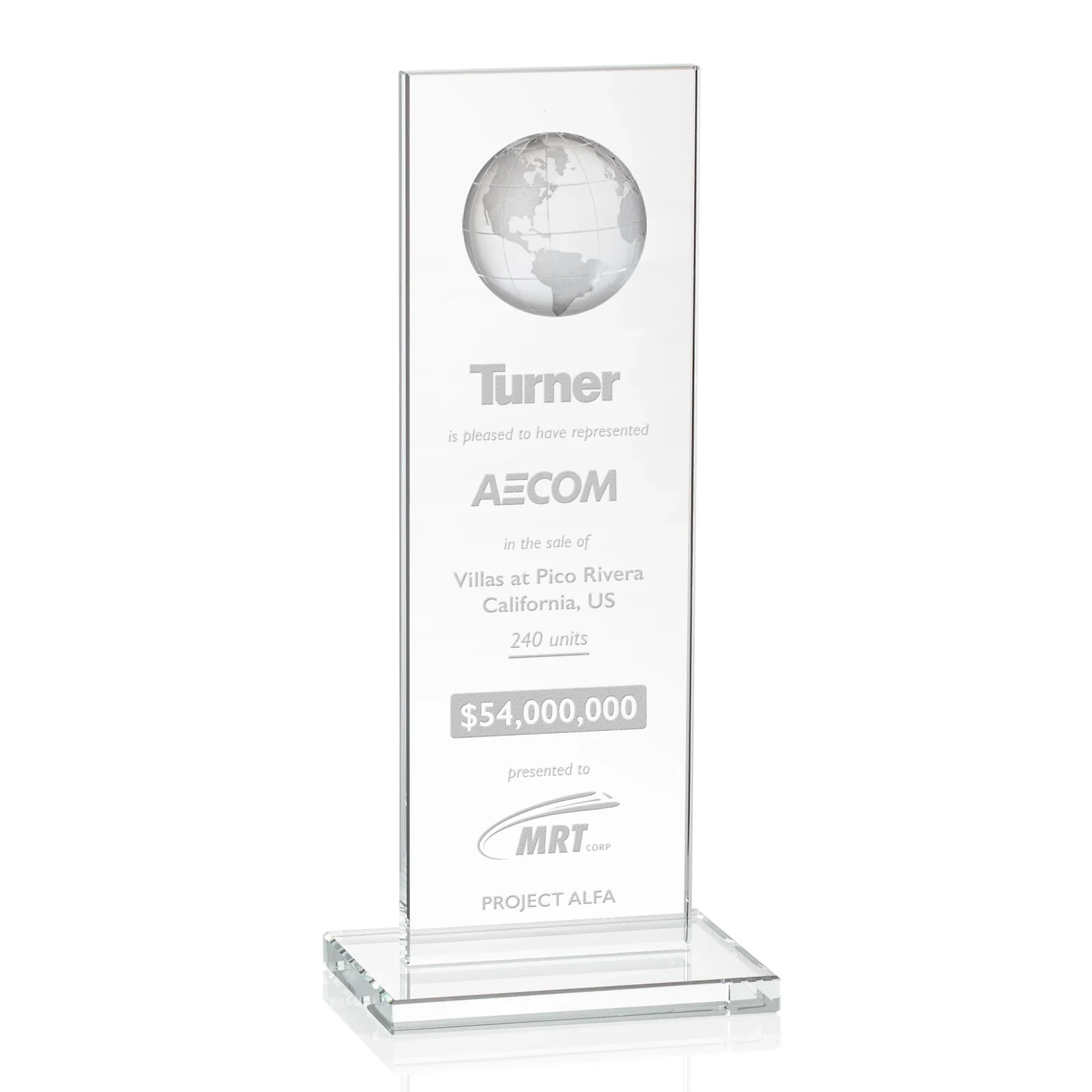 Custom Optical Crystal Dome Award on Tall Crystal Pane for sales achievement awards