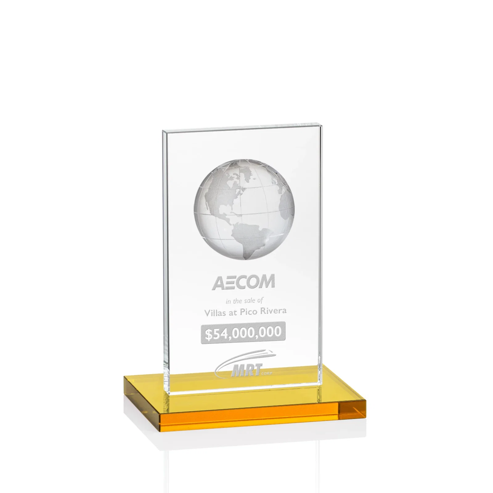 Custom Optical Crystal Dome Award on Tall Crystal Pane for team milestone celebrations