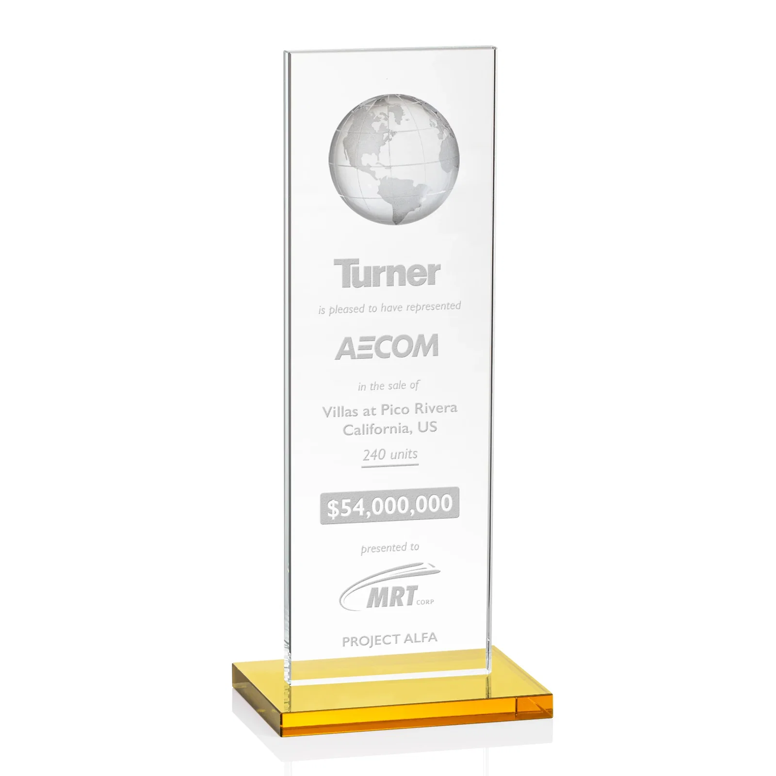 Custom Optical Crystal Dome Award on Tall Crystal Pane for graduation ceremonies