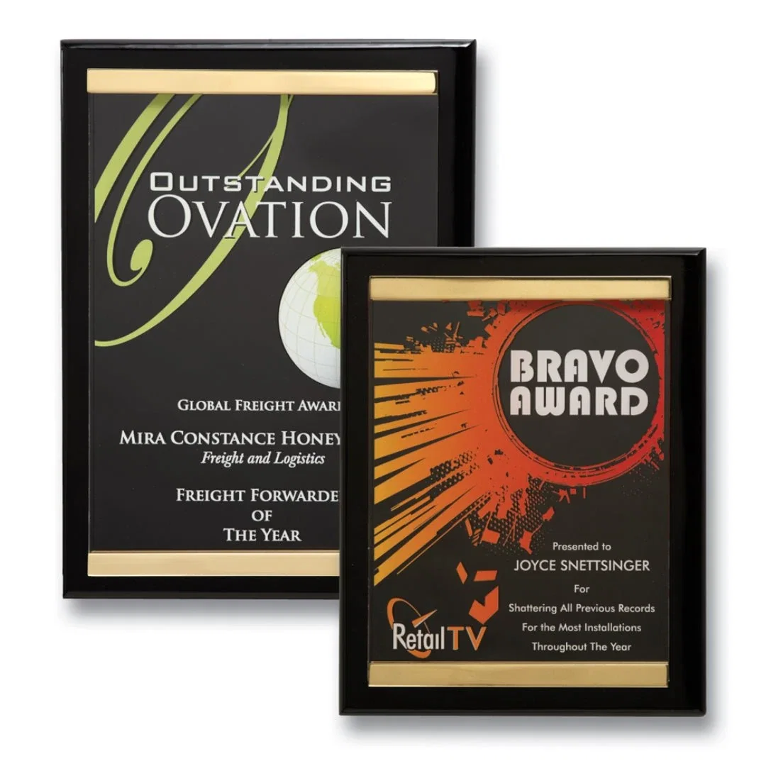 Custom Acrylic Plaque With Brass Channels Offset From Piano Finish for employee recognition