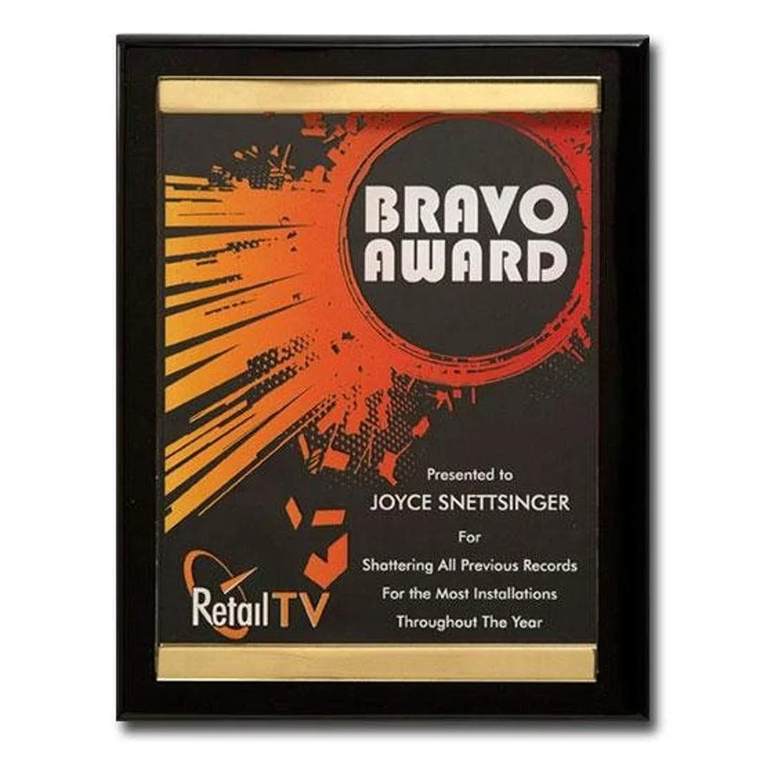 Custom Acrylic Plaque With Brass Channels Offset From Piano Finish for corporate award ceremonies