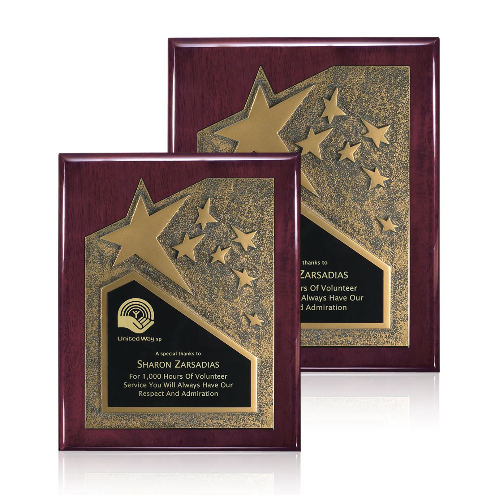 Custom Rosewood Piano Finish Wall Plaque with Gold Resin Star Accent for employee recognition