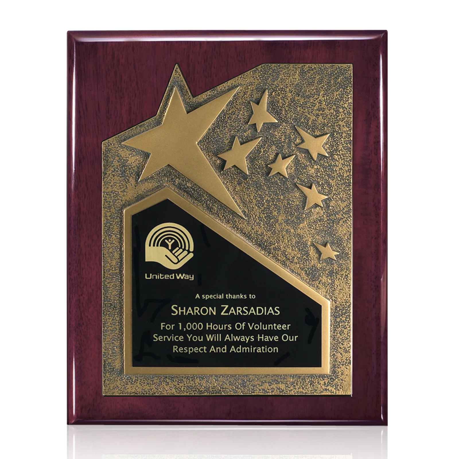 Custom Rosewood Piano Finish Wall Plaque with Gold Resin Star Accent for corporate award ceremonies