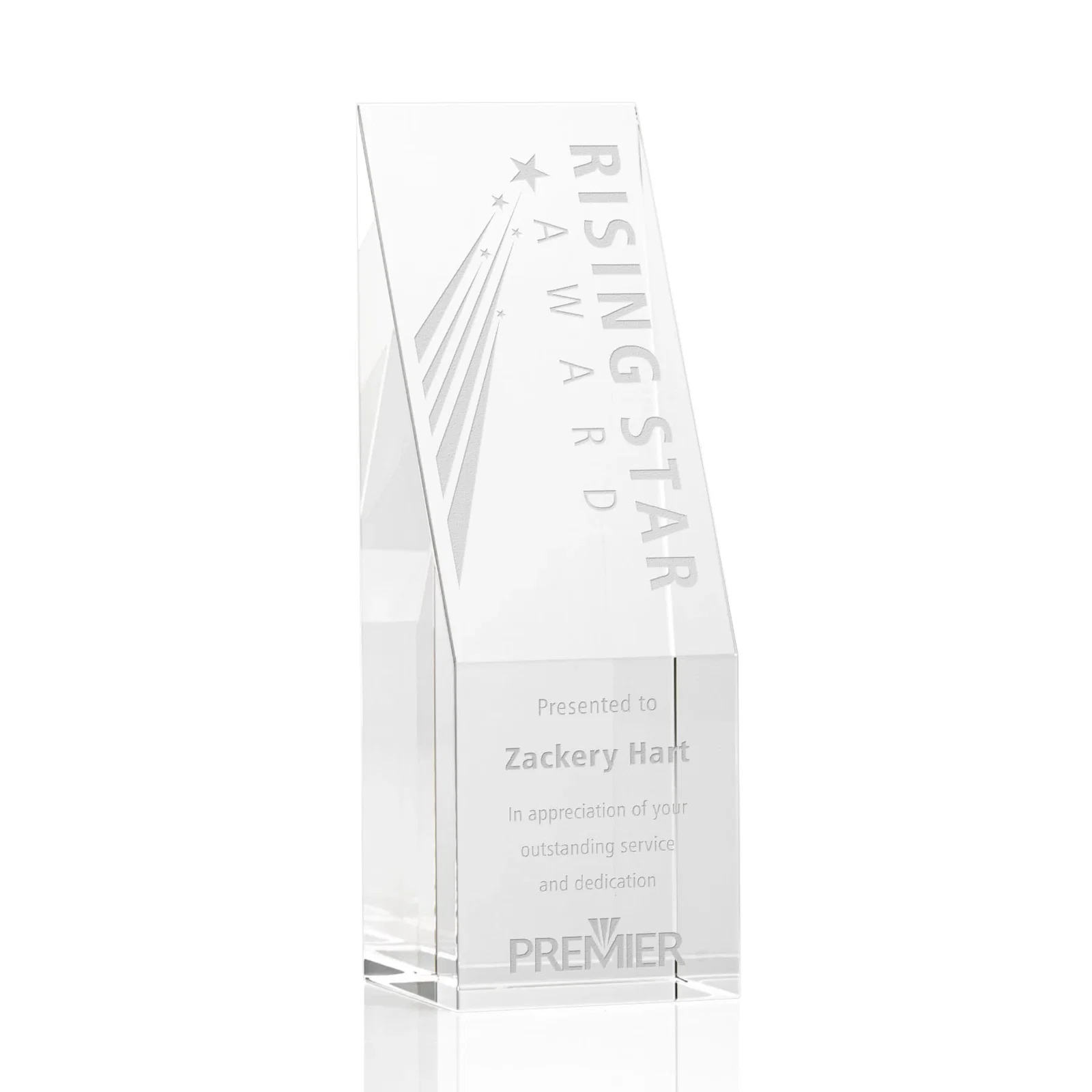 Custom Optical Crystal Block Award with Steeply Sloped Face, awards for service anniversary gifts