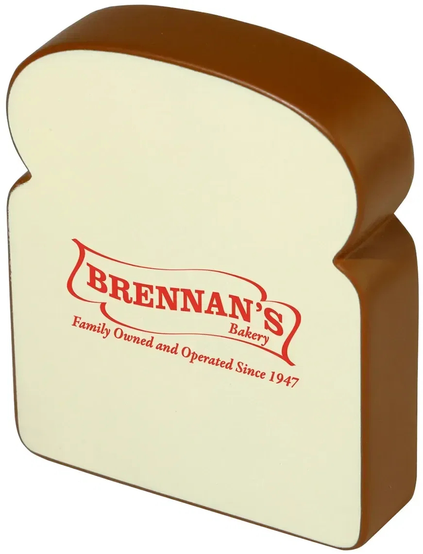 Custom Bread Slice Stress Reliever shaped like a slice of bread, molded foam with promotional logo