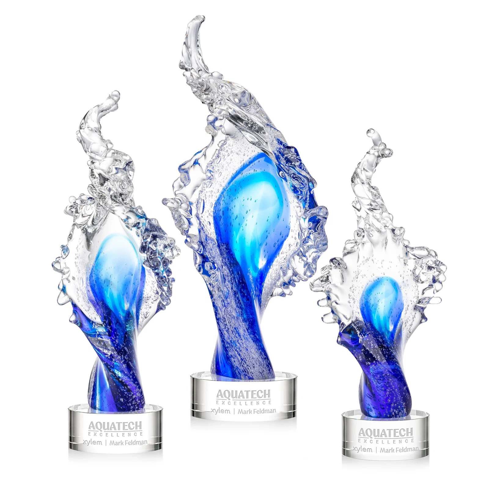 Custom Clear and Blue Glass Wave-Crest Award on a Round Marvel Base for employee recognition
