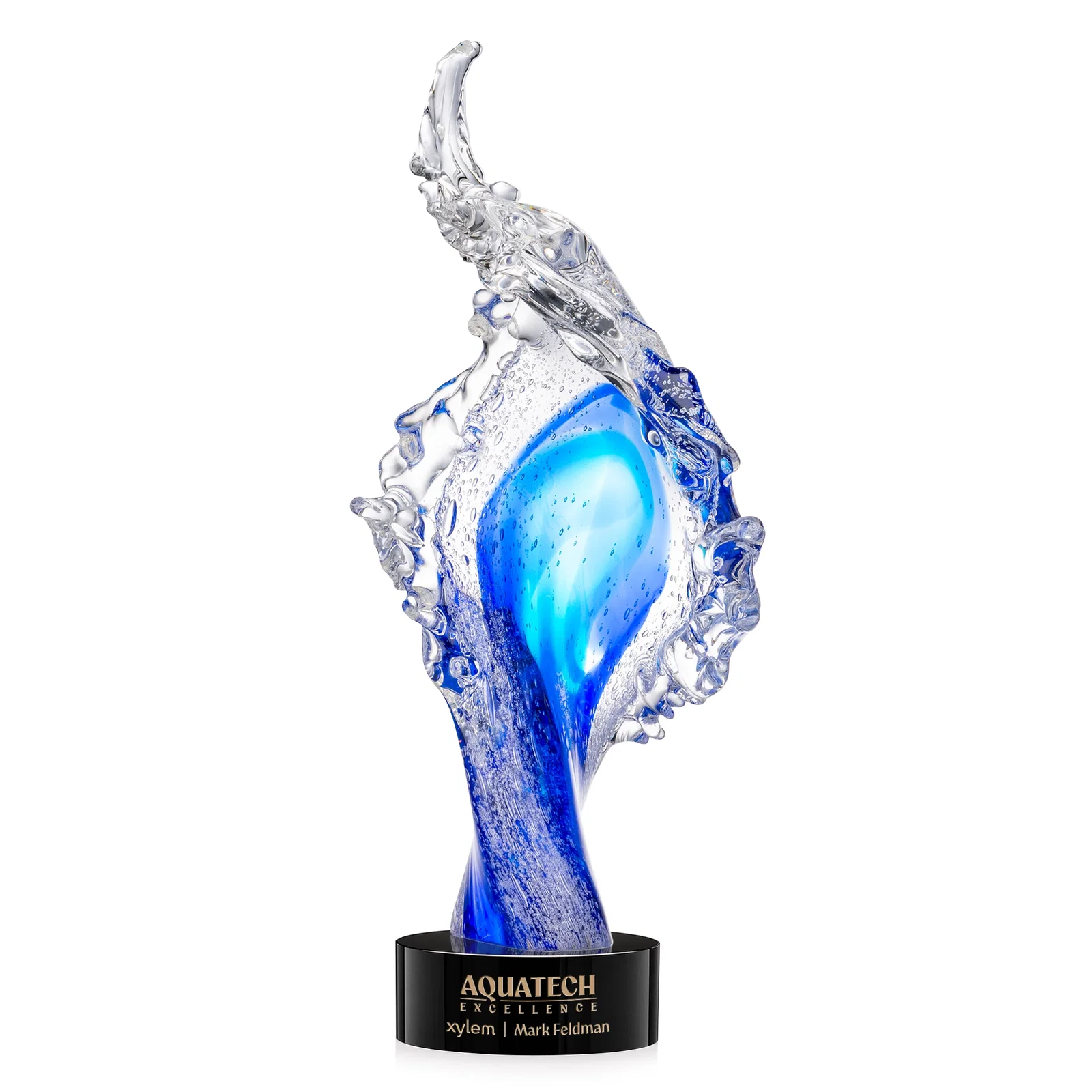 Custom Clear and Blue Glass Wave-Crest Award on a Round Marvel Base for volunteer appreciation